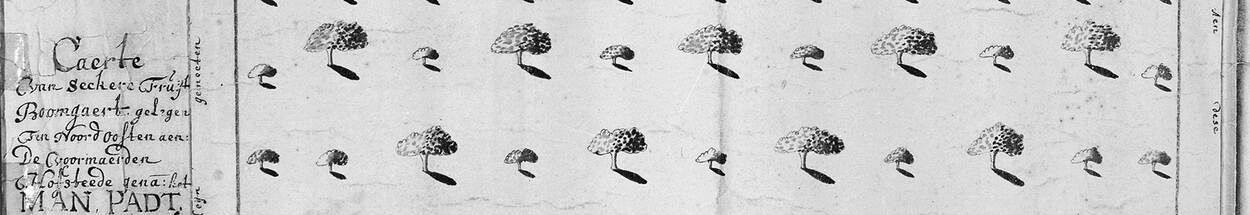 Kaart van fruitboomgaard met bomen uit 1683 met tekst "Caerte fan seekere Fruitboomgaart gelegen noordoosten aan de voormaearden hoftede genaam het Man Padt"